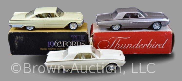 (3) Ford Dealership promo plastic cars: 1961, 62 and 63, (2) original boxes