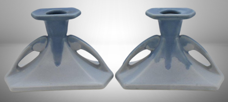 Pair of Roseville Carnelian I 1064-3" candleholders, blue