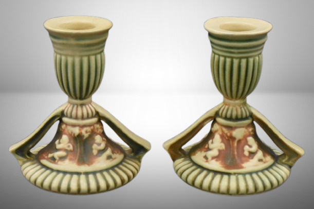 Pair of Roseville Donatello 4.25"h candleholders