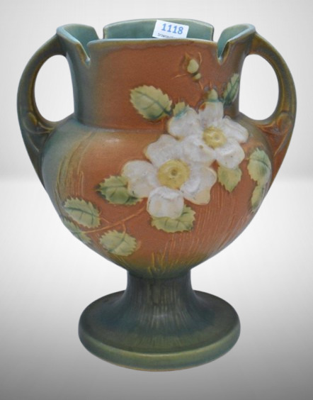 Roseville White Rose 147-8" vase, brown/ green