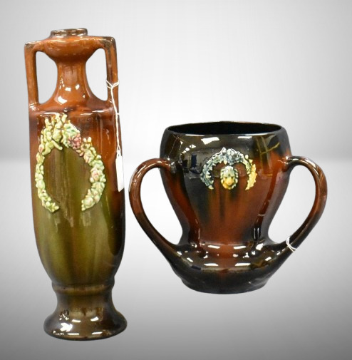 (2) Peters and Reed standard glaze pcs: 7"h 3-handled vase; 13.5" vase