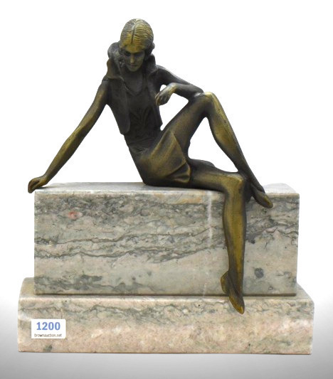 Art Deco brass figural lady on marble plinth