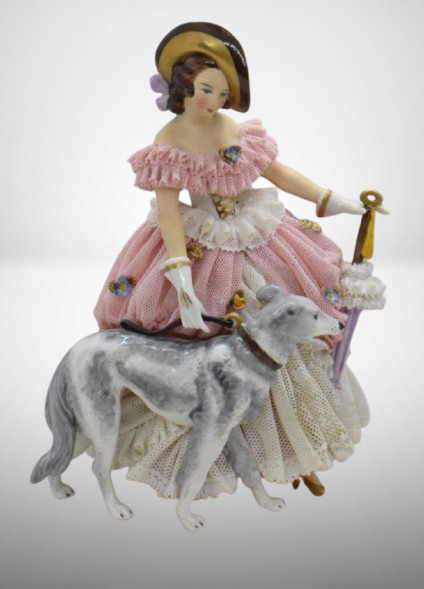 Mrkd. Made in Germany/ Dresden 7"h lady w/ dog