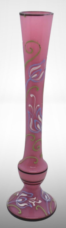 Mrkd. Czechoslovania 8" stick neck vase, colorful enameled floral designs on pink