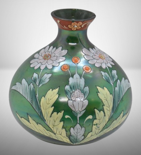Art Glass 4"h squatty vase w/ colorful enameled floral designs on green
