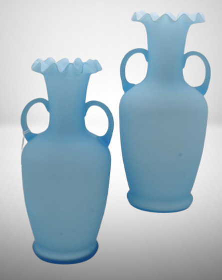 (2) Cased satin glass 8" dbl. handled vases, blue