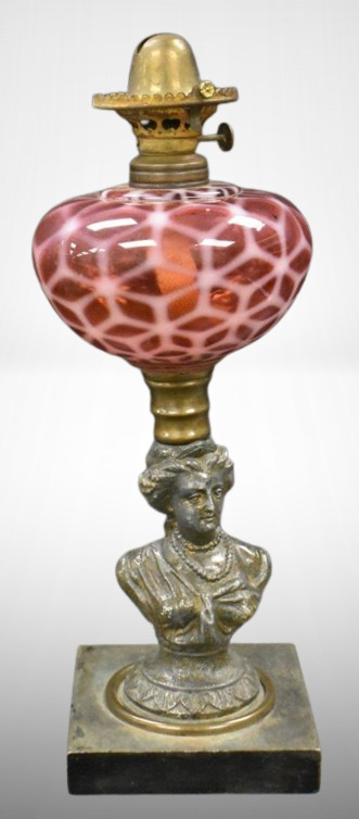 Cranberry opalescent kerosene lamp w/ Gallinger Lady stem