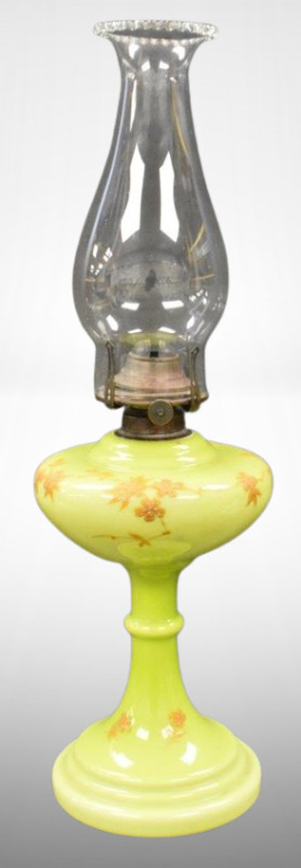Kerosene lamp w/ lime green w/ copper colored enameled flowers