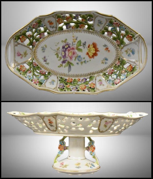 Mrkd. R.W. Bavaria Dresden porcelain compote w/ reticulated rim, mixed florals