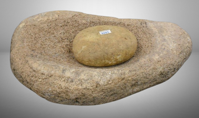 Native American Montel grinding bowl and stone