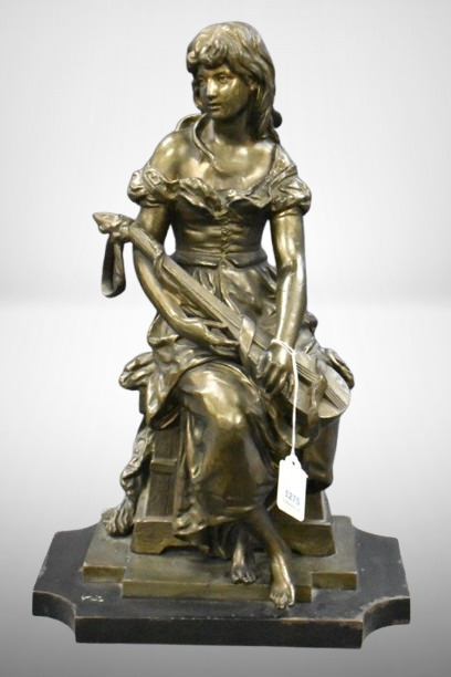 Signed Hippolyte Moreau "Lady with a Lute" spelter sculpture figurine