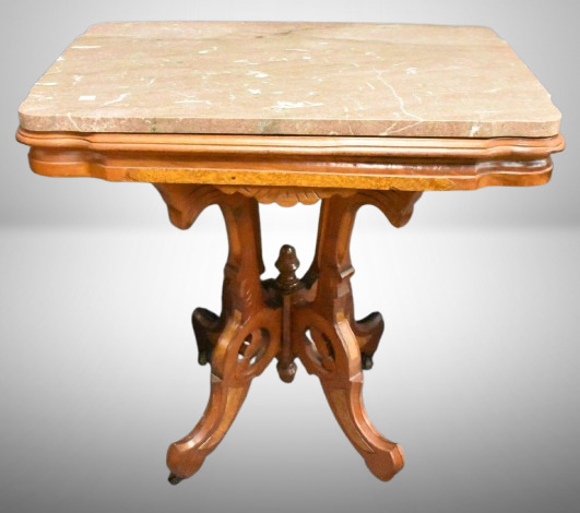 Antique Eastlake-style walnut parlor table w/ marble top, ornate carved legs