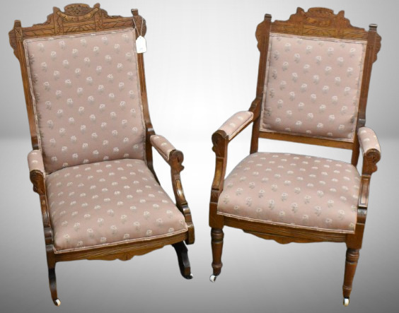 Pair of Eastlake parlor chairs, 1-straight and 1-rocker, carved and incised lines