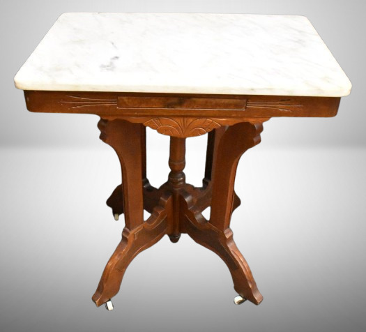 Antique Eastlake-style parlor table w/ marble top, ornate legs and base