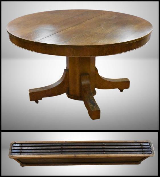 Mission Oak 54" dining room table w/ 4 leaves