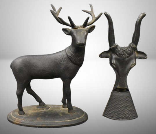(2) Cast Iron items: 10" deer stag bank; bull head boot jack