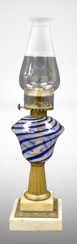 Cobalt Latticino/ striped 10" kerosene lamp on brass and decorated dbl. step marble base