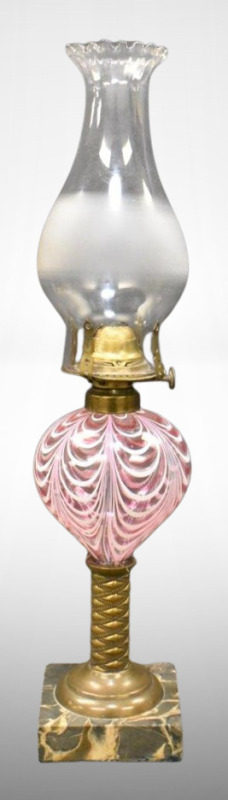 Cranberry and white Nailsea-style 10" kerosene lamp on marble base