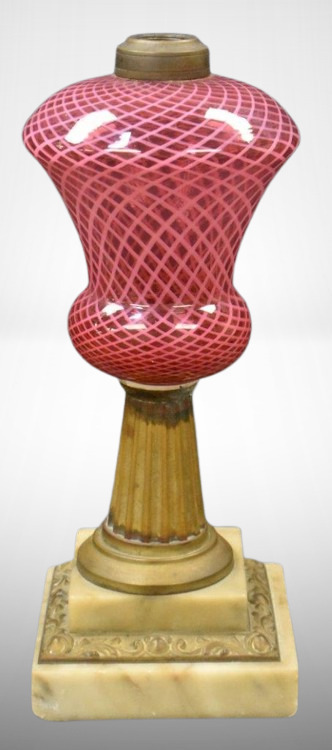 Cranberry opalescent diamond pattern 10" kerosene lamp on decorated dbl. step marble base