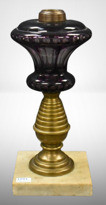 Amethyst cut-to-clear 10" kerosene lamp on brass and marble base