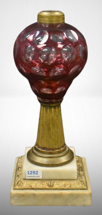 Cranberry punty cut-to-clear 10" kerosene lamp, decorated dbl. step marble base