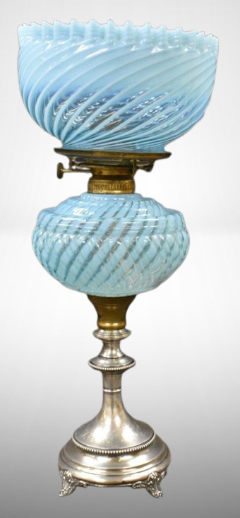 Robin egg blue opalescent Sheldon Swirl 16.5" kerosene lamp on ornate ftd. silver base