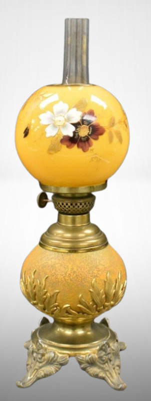 Unique 13" kerosene lamp, spackled pumpkin font and handpainted ball-shaped globe