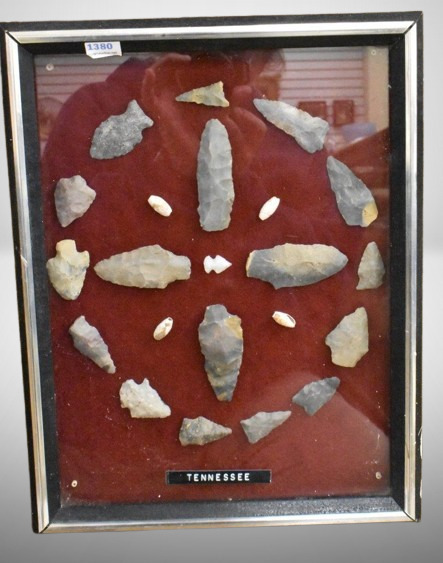 Framed display of Native American Indian arrowheads, points, etc. (Tennessee)