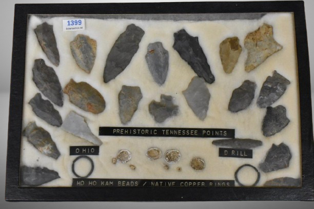 Display of prehistoric lithic artificts incl. TN points, Hohokam beads, etc.