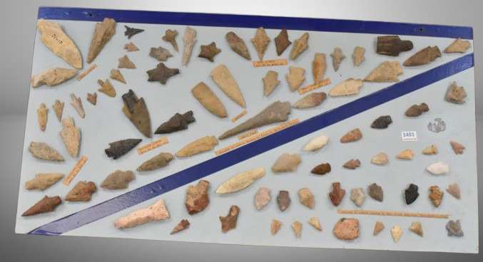 Display board of Native American Indian items incl. arrowheads and points, Lance head, knives, etc.