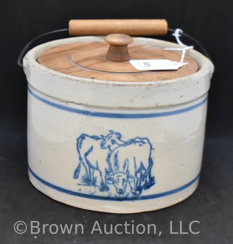 Early cow stamped butter stoneware crock with lid and bail handle