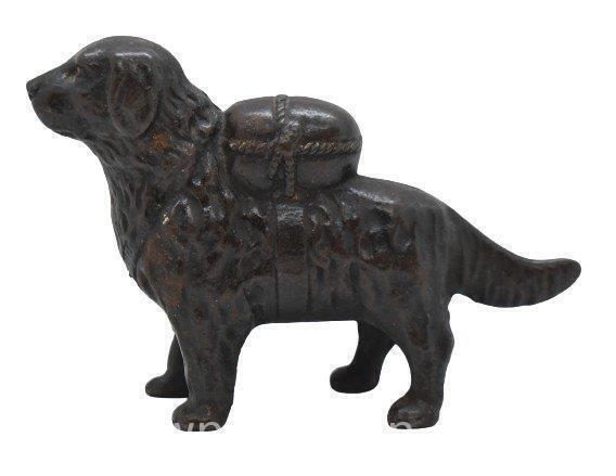 Cast Iron St. Bernard rescue dog with backpack bank, 3.75"h