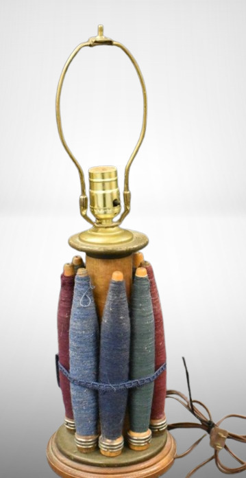 Folk Art table lamp w/ thread spools circling base