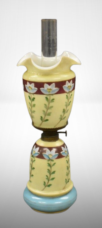 Painted cased glass 10"h kerosene lamp, matching floral designs on base and globe