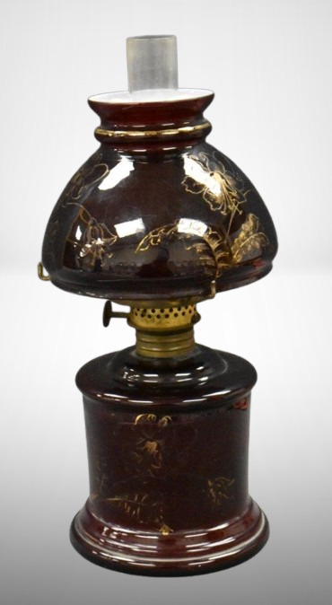 Reddish brown 8" miniature kerosene lamp w/ gold enameled floral designs