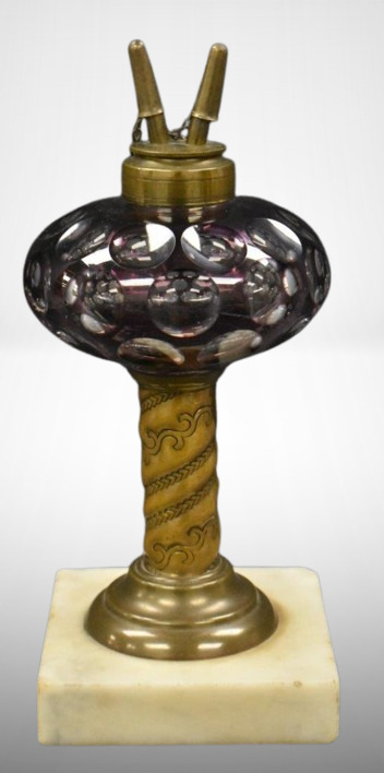 Amethyst cut-to-clear 8" kerosene lamp on brass and marble base