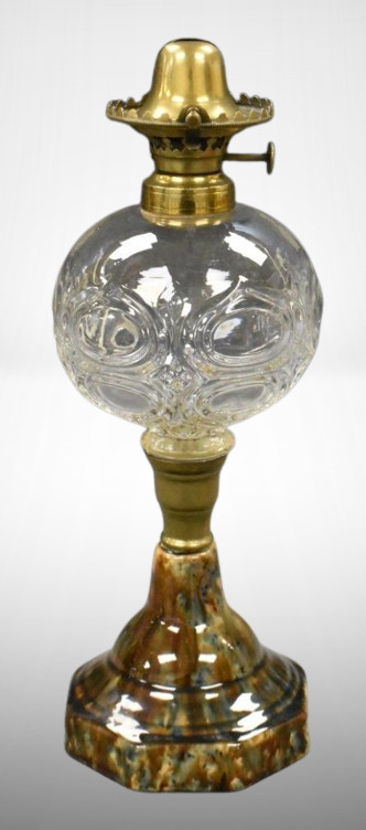 9" kerosene lamp w/ pottery base and clear EAPG font
