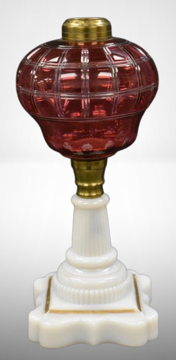 Cranberry w/ square designs and milk glass base 11"h kerosene lamp stand