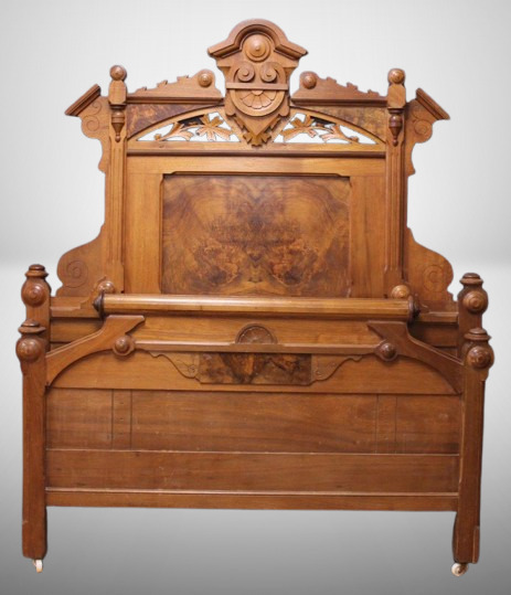 Victorian walnut ornate bed - head, foot and side boards, lots of nice carving and applications