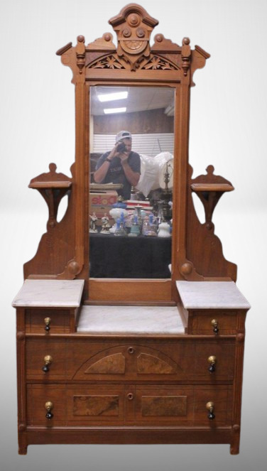 Eastlake-style walnut dresser w/ marble tops, candle shelves, nice ornate carved crest