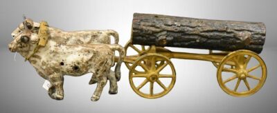 early Hubley cast iron Oxen Drawn Log Wagon - missing the rider