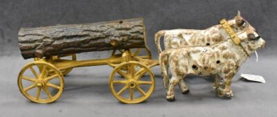 early Hubley cast iron Oxen Drawn Log Wagon - missing the rider - 10