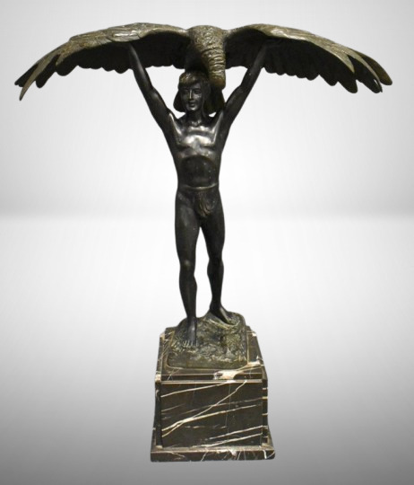 Hercules with the eagle of Prometheus bronze sculpture on marble base, signed Wiede