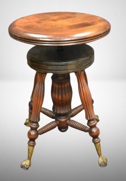 Oak piano stool, adjustable top, glass ball and claw feet