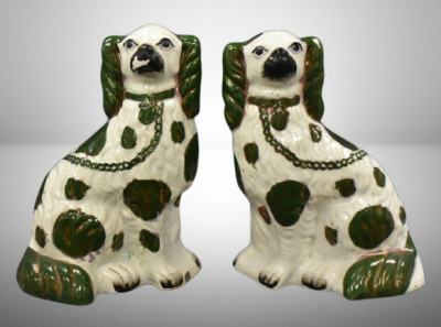 Pair of Victorian Staffordshire spaniel dog figures w/ green luster decoration, 10" tall