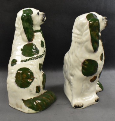 Pair of Victorian Staffordshire spaniel dog figures w/ green luster decoration, 10" tall - 2
