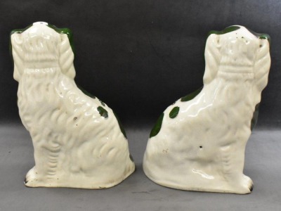 Pair of Victorian Staffordshire spaniel dog figures w/ green luster decoration, 10" tall - 3