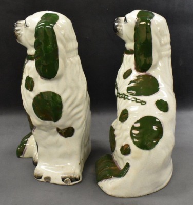 Pair of Victorian Staffordshire spaniel dog figures w/ green luster decoration, 10" tall - 4