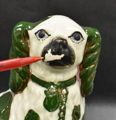 Pair of Victorian Staffordshire spaniel dog figures w/ green luster decoration, 10" tall - 5