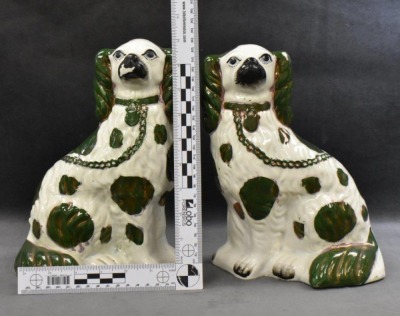 Pair of Victorian Staffordshire spaniel dog figures w/ green luster decoration, 10" tall - 12